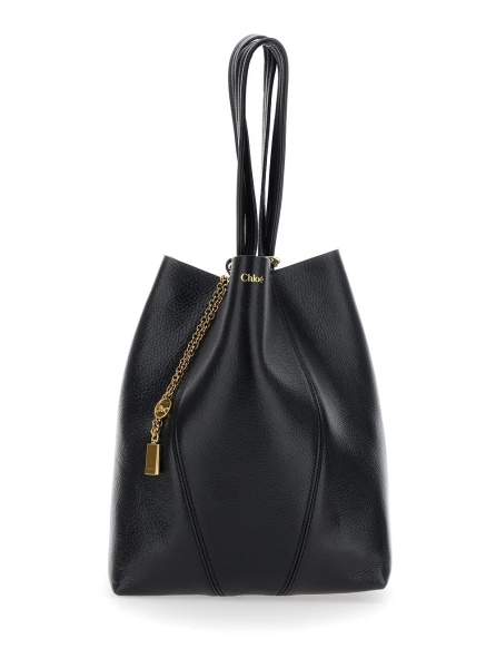 Geanta de umar Shoulder Bag 'Spin' with Logoed Metal Medals in Black Grained Leather for Women