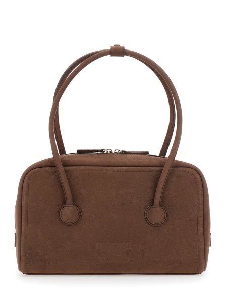Geanta de umar 'Soft Boston Small' brown Shoulder bag with Two Top Handles and Logo lettering on the Front in suede Women