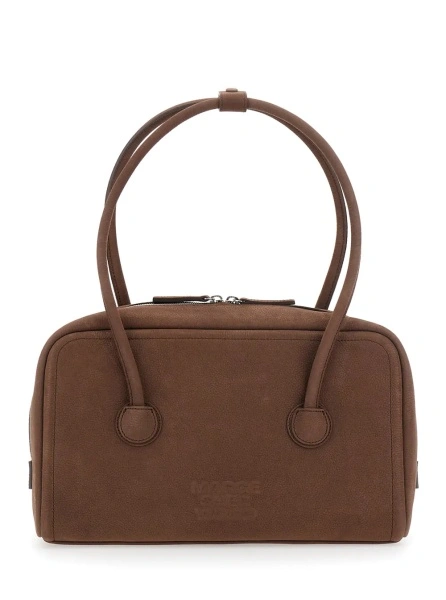 Geanta de umar 'Soft Boston Small' brown Shoulder bag with Two Top Handles and Logo lettering on the Front in suede Women