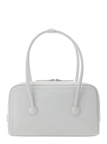 Geanta de umar 'Soft Boston' White Small Shoulder Bag with Logo Lettering on the Front in Leather for Women