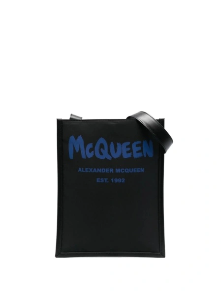 Geanta tip postas Alexander McQueen neagra din piele si material textil
