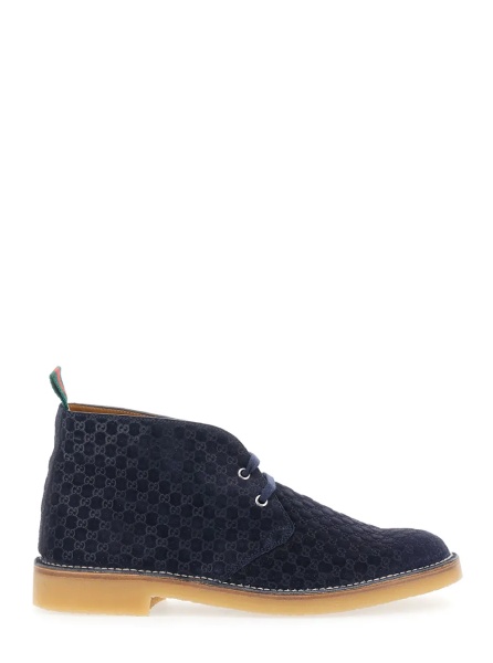 Ghete Blue Ankle Boots with Web Detail on the Heel and Low Heel in GG Suede Man