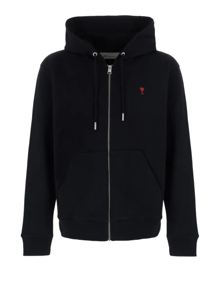 Hanorace Black zip-up sweatshirt with AMI de Coeur logo in red, made of cotton, unisex