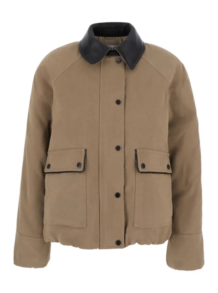 Jacheta Beige Jacket with leather collar and two patch pockets on the front in cotton blend for women
