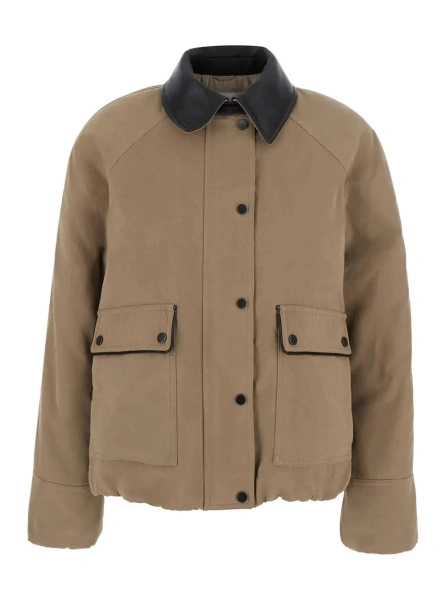 Jacheta Beige Jacket with leather collar and two patch pockets on the front in cotton blend for women
