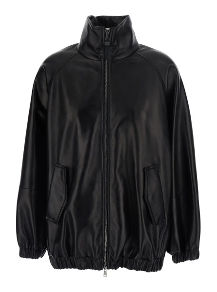 Jacheta Black High Collar Jacket with Elasticized Trims in Leather for Women