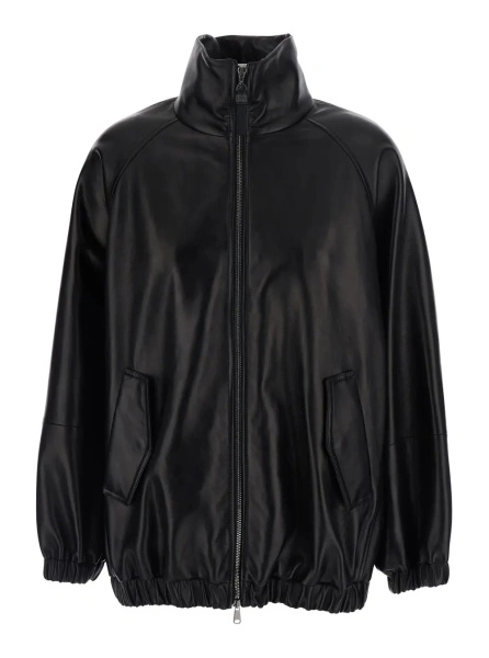 Jacheta Black High Collar Jacket with Elasticized Trims in Leather for Women