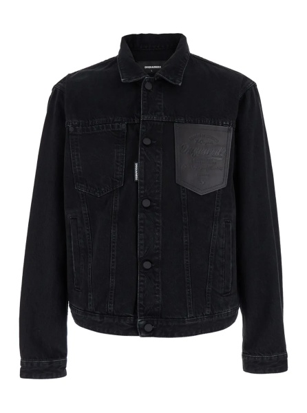 Jacheta Black Jacket with Classic Collar and Embossed Logo on the Front in Denim Man
