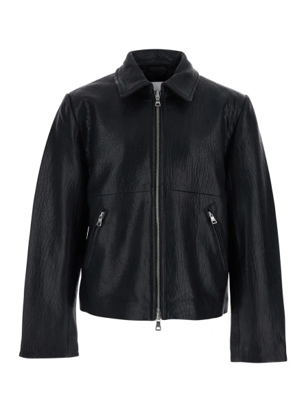 Jacheta Black 'Jacket' with Classic Collar and Leather Zip Closure for Men