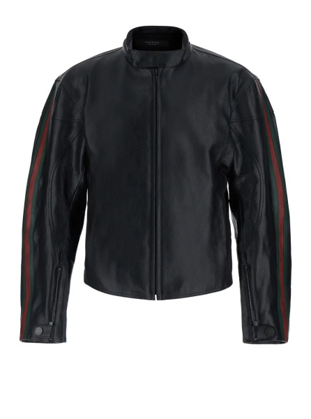 Jacheta black Jacket with high collar and Web Stripe on the sleeves in leather for men