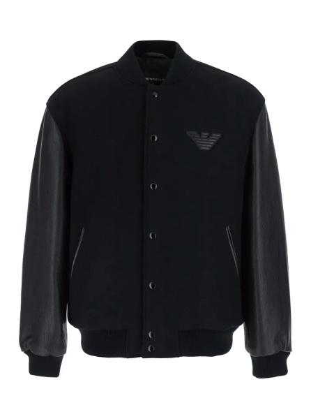 Jacheta Black Varsity jacket with logo patch on the chest in leather and wool Men