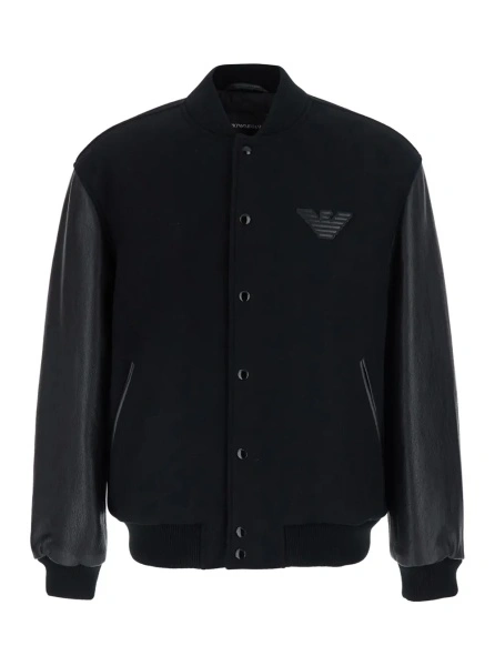 Jacheta Black Varsity jacket with logo patch on the chest in leather and wool Men