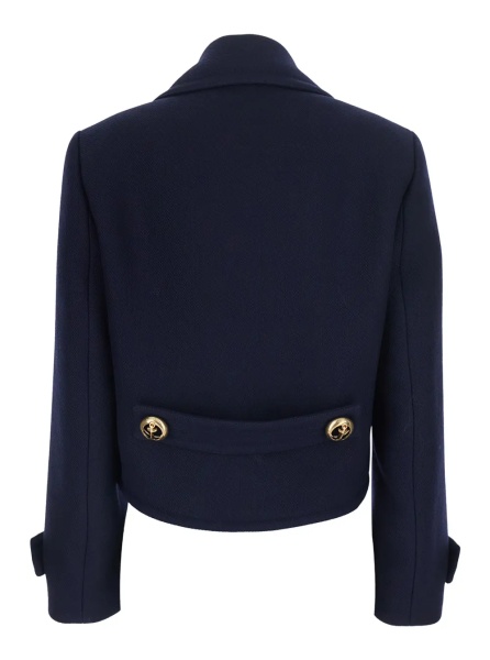 Jacheta Blue Cropped Jacket with Wide Notched Revers and Halfbelt in Wool for Women
