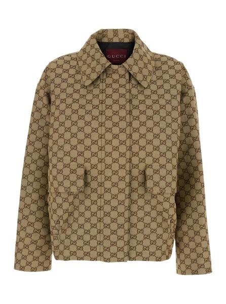Jacheta Brown Jacket with Classic Collar and All-Over GG Motif in Cotton for Women