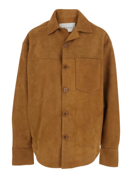 Jacheta Brown Jacket with Spread Collar and Curved Hem in Suede Woman