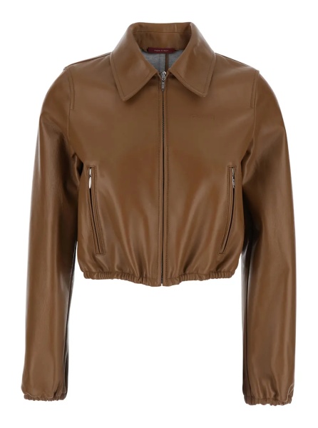 Jacheta Brown Leather Crop Jacket with Classic Collar and Tone-on-Tone Lettering Logo on the Front for Women