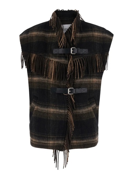 Jacheta 'GINESA' brown Jacket with fringe design and applied straps in Fabric for women