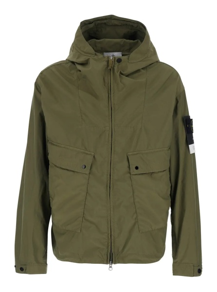 Jacheta Green Hooded Jacket with Buttons and Logo Patch on Sleeve in Tech Fabric for Men