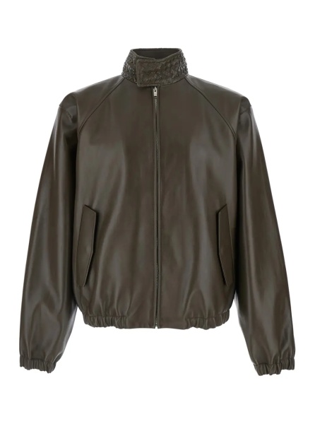 Jacheta green Jacket with high collar with Intreccio Motif in leather for men