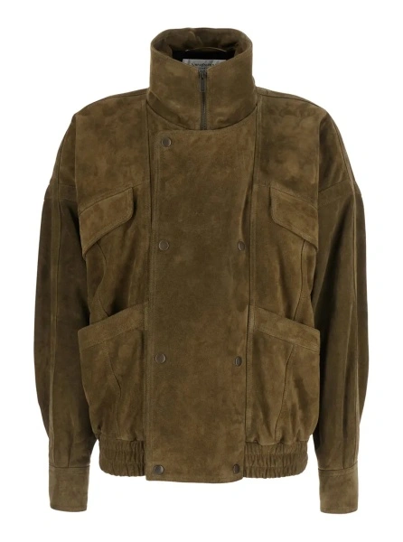 Jacheta Saint Laurent verde din piele intoarsa