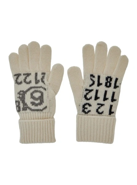 Manusi White Gloves with ribbed trims and numeric logo embroidery in wool blend boy