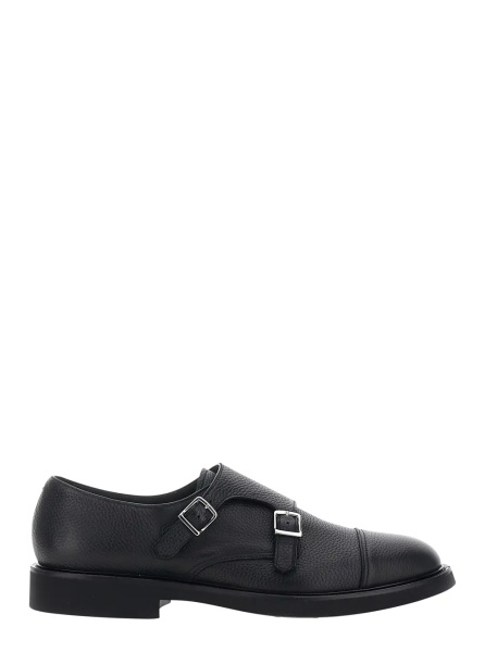 Mocasini black Loafers with double buckle and round toe in hammered leather for men