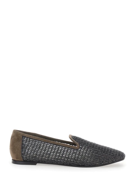 Mocasini Brown Loafers with Intreccio and Monile metal inserts in suede for women