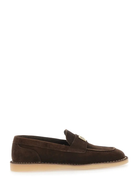 Mocasini Brown Loafers with logo plate on the front and contrasting stitching in suede for women