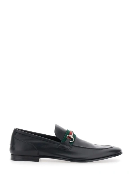 Mocasini 'Como' Black Loafers with Web Stripe and Horsebit in Leather for Men