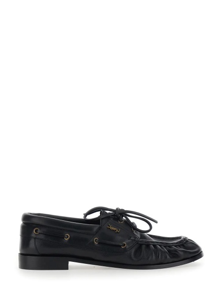Mocasini 'Le Loafer Bateau' Black Boat Shoes with Hand-Stitched Moc Toe and Cassandre Plate in Grained Leather Men