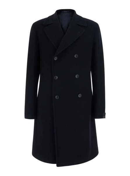 Palton 'Arden' Blue Double-breasted Coat with Notched Revers in Wool and Cashmere Men