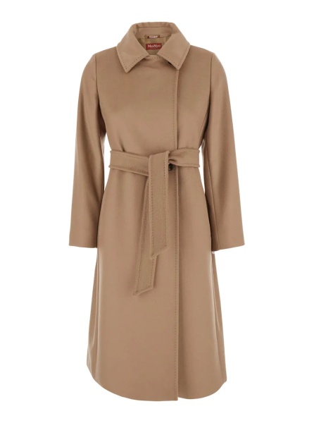 Palton Beige Coat with Classic Collar and Front Belt Closure in Wool for Women