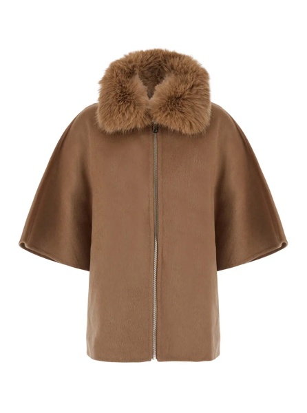 Palton Beige fur coat with removable fur collar and wide short sleeves in eco fur for women