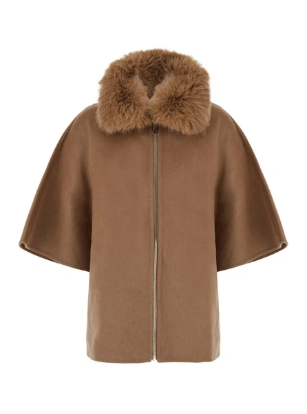 Palton Beige fur coat with removable fur collar and wide short sleeves in eco fur for women