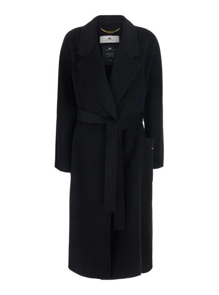 Palton Belted coat with notched revers and long sleeves in black tech fabric for women