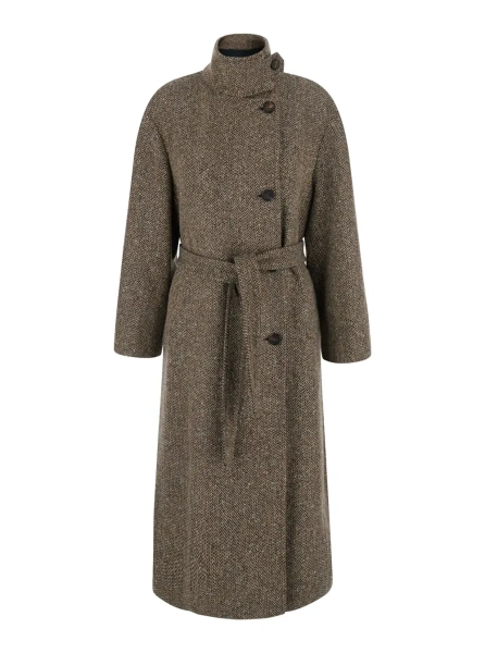 Palton Brown high-neck coat with button and waist belt in virgin wool for women