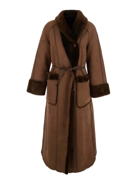 Palton brown Long fur coat with reversible design and waist belt in eco-fur for women