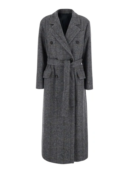 Palton Gray Double-breasted coat with Notched revers and removable belt on the front in wool blend for women