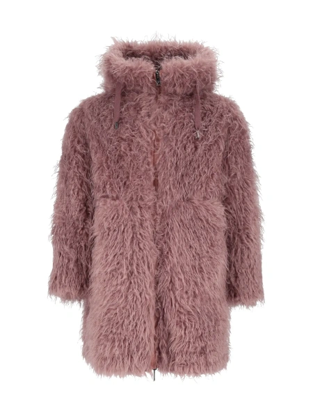 Palton REVERSIBLE FAUX MONGOLIAN FUR SHORT COAT WITH HOOD