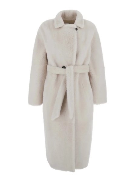 Palton white Shearling coat with classic collar and waist belt in shearling for women