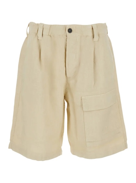 Pantaloni Beige Bermuda with Elasticated Waist and One Front Pocket in Linen for Men