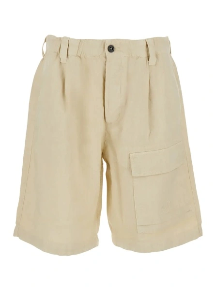 Pantaloni Beige Bermuda with Elasticated Waist and One Front Pocket in Linen for Men