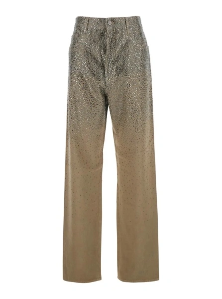 Pantaloni Beige Pants with Faded Crystal Embellishment and Belt Loops in Cotton Blend Woman