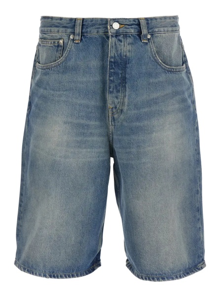 Pantaloni blue Five-pocket Bermuda with patch logo on the back in denim for men