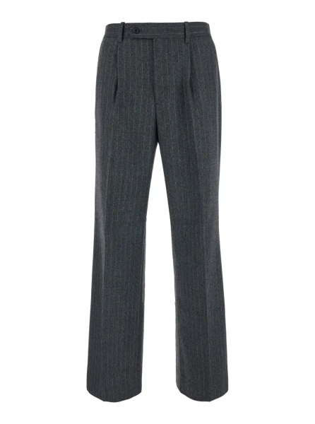 Pantaloni Herringbone Wool Trousers with Pleats and Wide Leg Gray for Men