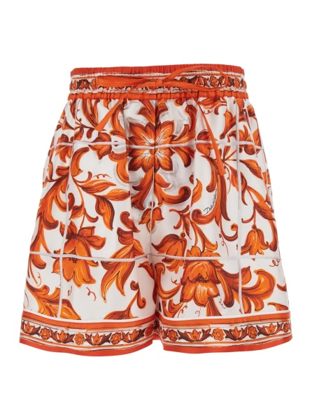 Pantaloni Orange shorts with all-over Maiolica print in silk for women