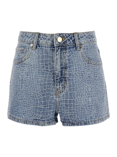Pantaloni Shorts 'Rhinestone Croc Effect' Blue Denim with Strass Details - Cotton - Women