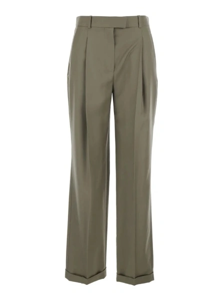 Pantaloni 'Sorina' Green Pants with Turn-Up Hem and Belt Loops in Wool Woman
