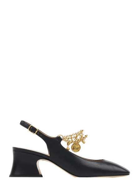 Pantofi Black Pumps with Decorative Logo Charm and Wide Heel in Leather Woman