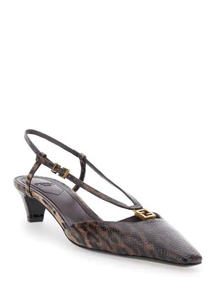 Pantofi Brown Slingback Pumps with Square Toe and Animalier Motif in Leather Woman